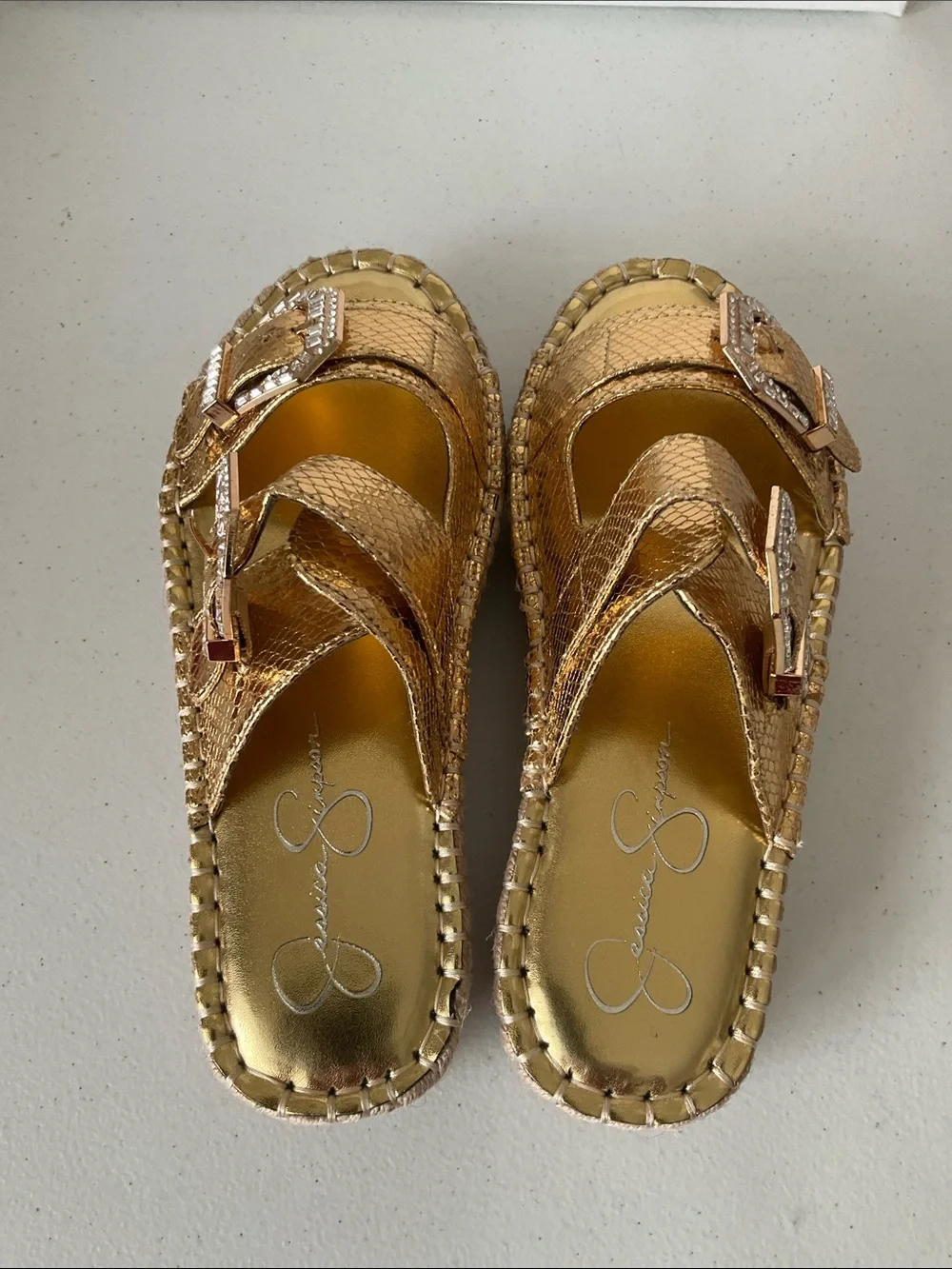 Jessica Simpson Chandria Metallic Silver Snakeskin Buckle Slide Sandals (NWOT)